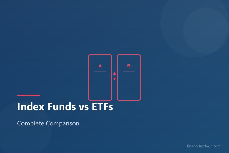 Side-by-side comparison of index fund and ETF fund fact sheets with expense ratios and performance data highlighted